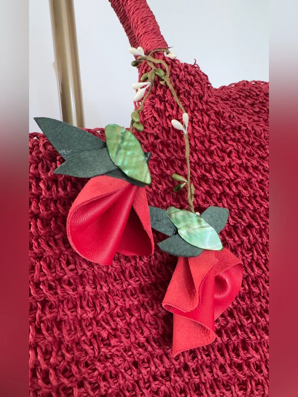 Topshop Straw Crochet Tote Bag with Floral Charm - Red - Picture 6 of 7